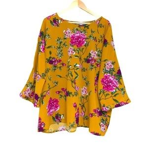 Mustard Yellow Floral Loose Flowy Blouse with Back Button Detail 3XL by Darling